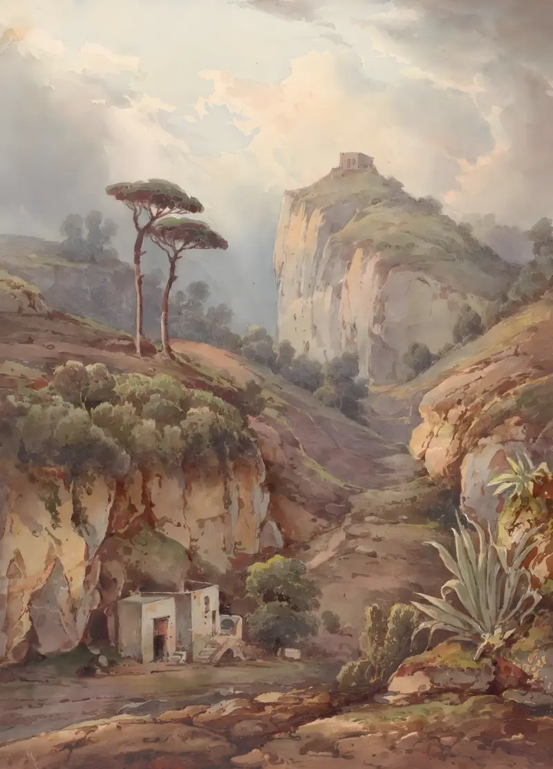 Approach from the Land to the Casa de’Spiriti by Giacinto Gigante, oil on canvas depicting cliffs and a vibrant sky.