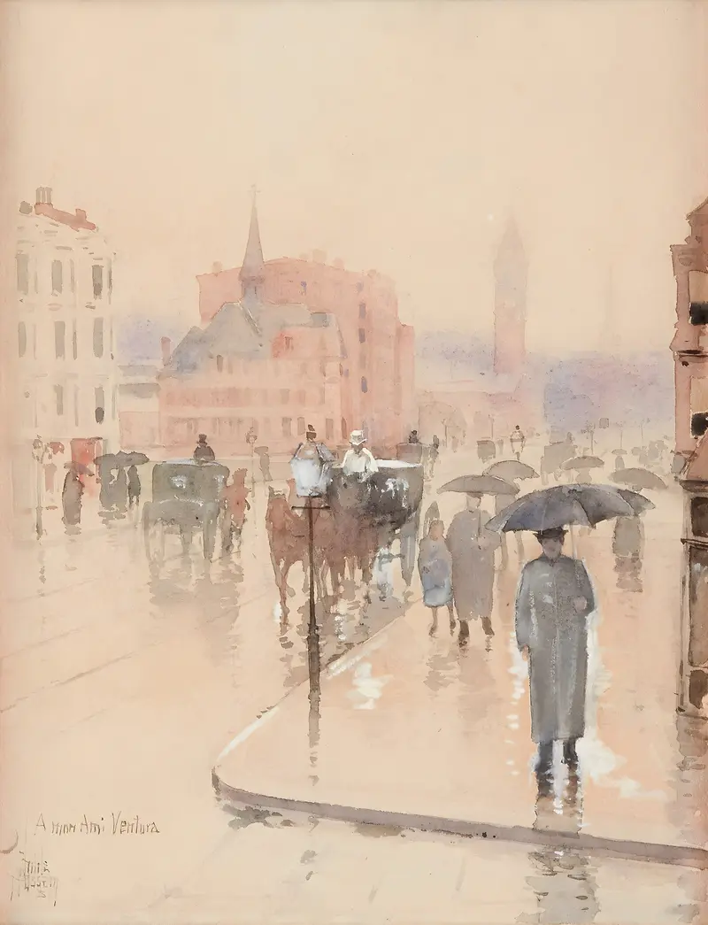 Rainy Day, Columbus Avenue, Boston, oil on canvas by Childe Hassam