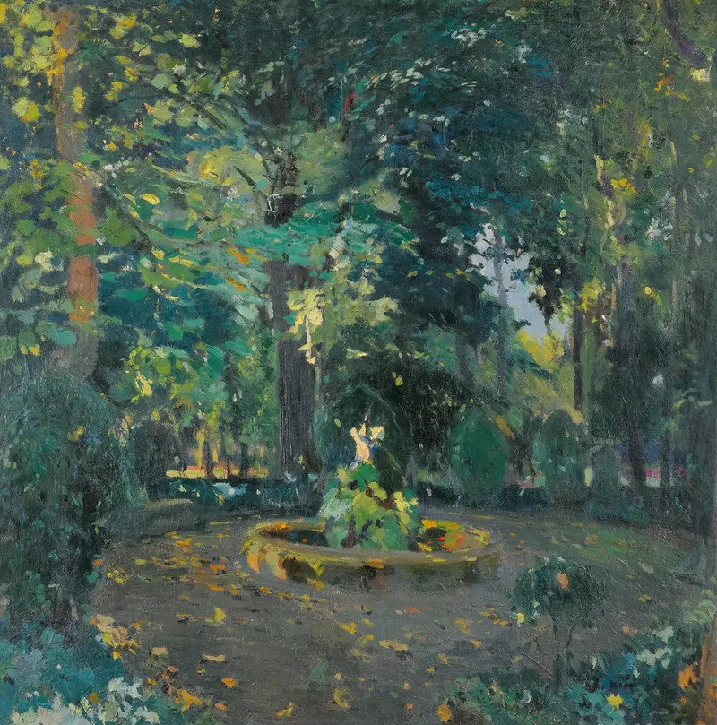 Fountain in urban setting, oil on canvas by Joaquin Mir Trinxet