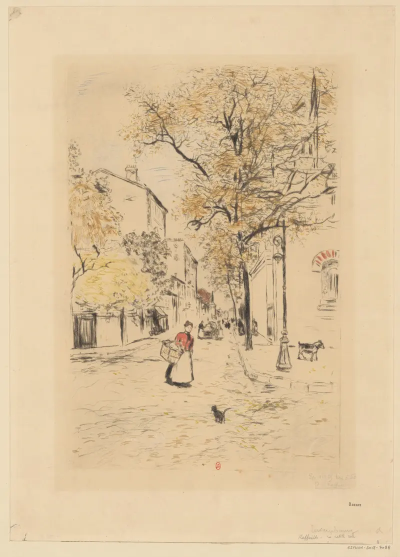 La petite rue by Jean François Raffaëlli, oil on canvas depicting a cobblestone path and village shadows.