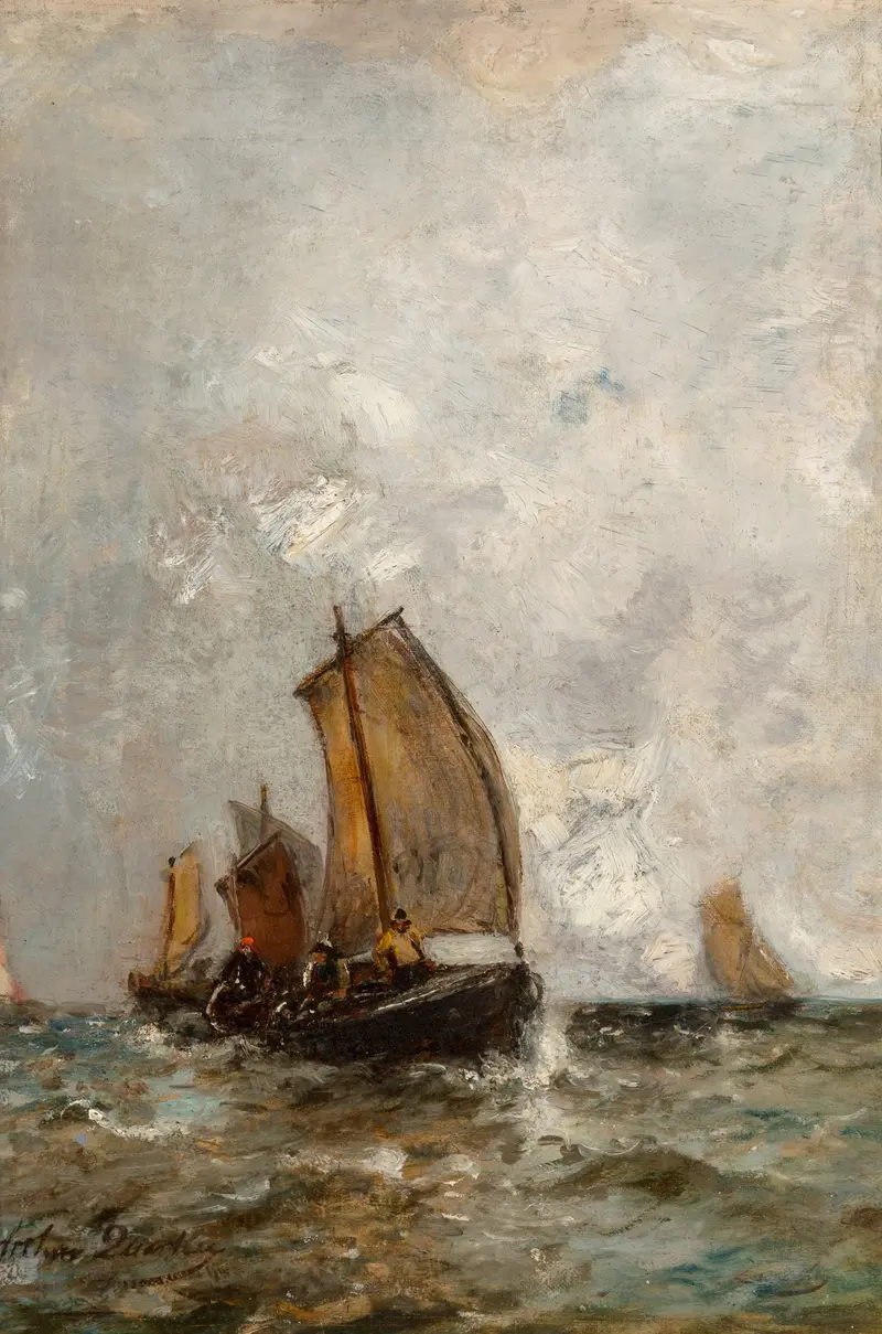 A turbulent sea with boats struggling against the waves under a dramatic sky.