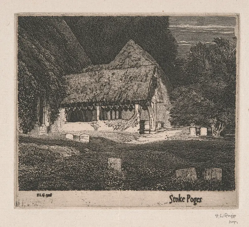 Watercolour by Frederick Landseer Maur Griggs depicting a landscape at dusk with a lone figure.