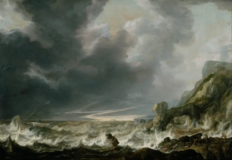 Ship in distress off a rocky coast, oil on canvas by Simon de Vlieger