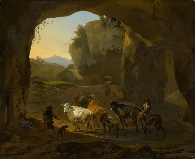 Peasants with Cattle in a Cave, oil painting by Nicolaes Pietersz Berchem