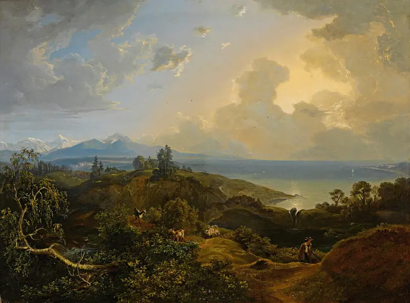 Landscape with gentle hills under a blue sky by Carl Rottmann, oil painting