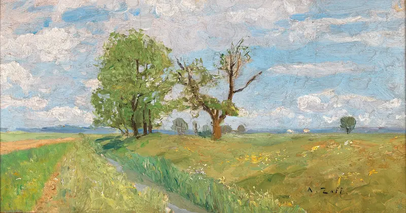 A Springtime Landscape with Creek by Alfred Zoff, oil on canvas depicting a lively spring scene.