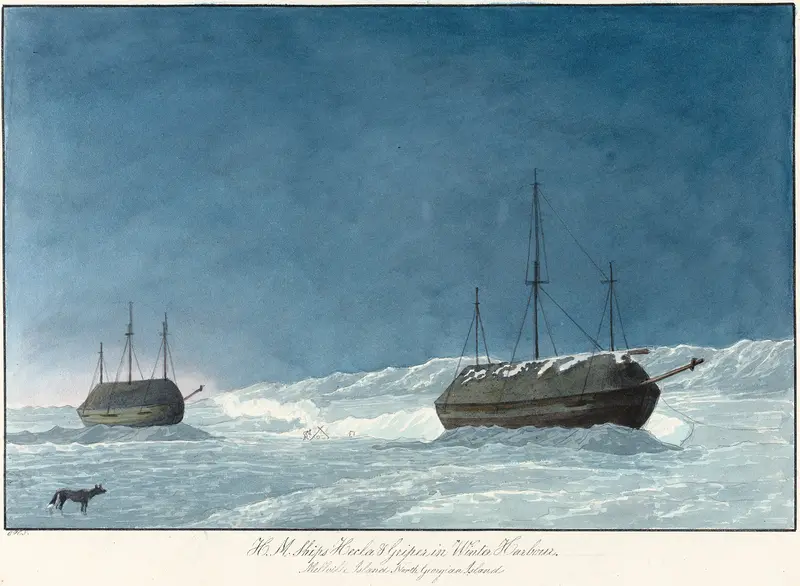 H. M. Ships Hecla and Griper in Winter Harbour by Charles Hamilton Smith, oil painting of ships in icy waters.