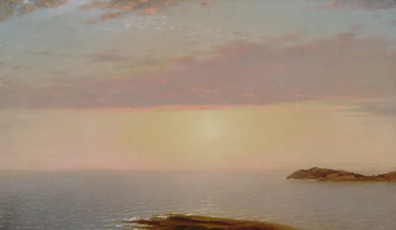 Sunset by John Frederick Kensett, oil painting depicting a colorful sunset over water.