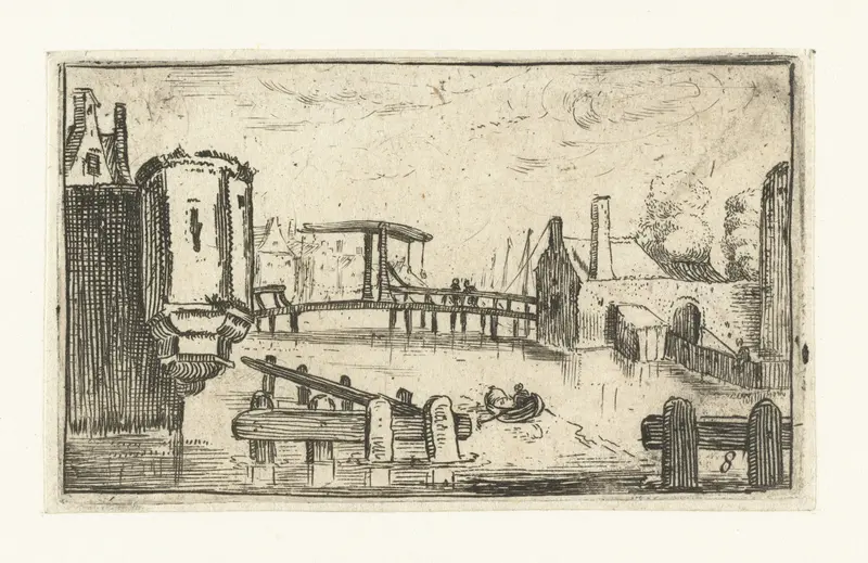 Gracht met ophaalbrug in een stad, etching by Esaias van de Velde, depicting a canal with a bridge.