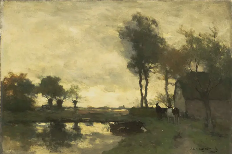 Landschap met boerderij bij een plas, oil on canvas by Johan Hendrik Weissenbruch