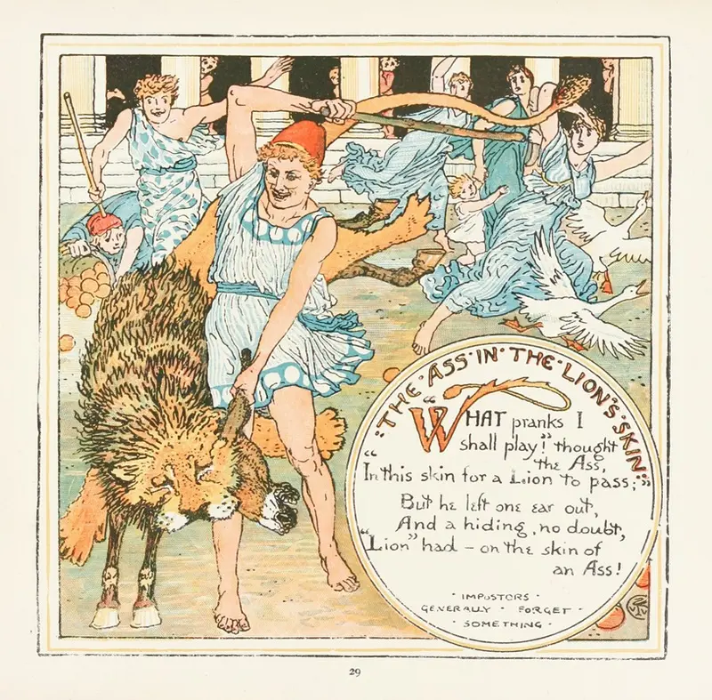 A painting depicting a donkey disguised in a lion's skin, symbolizing deception.