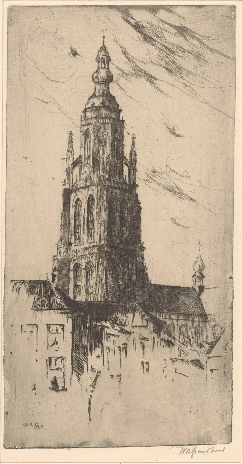 Toren van de Grote Kerk in Breda by Willem Adrianus Grondhout, impressionism