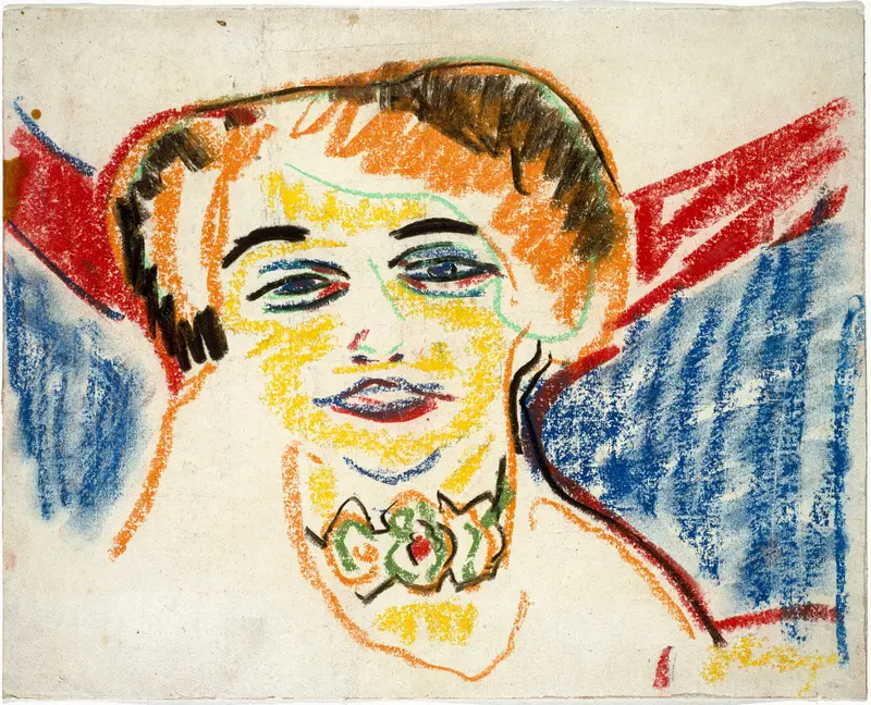 A colorful portrait of a woman with a knowing smile, her features outlined in vibrant strokes against a dynamic background.