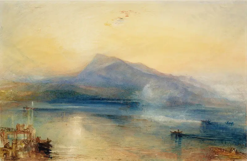 A watercolor depicting Mount Rigi at sunrise over Lake Lucerne, showcasing a dramatic interplay of light and shadow.