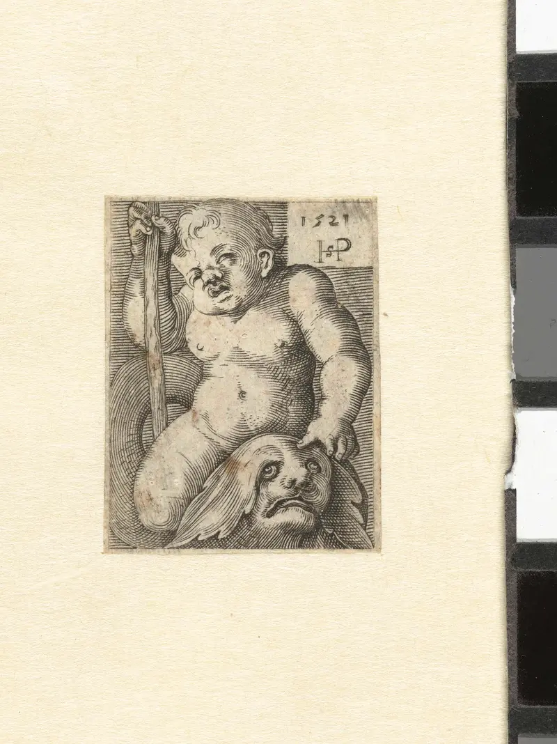 Engraving of a putto on a dolphin by an unknown artist