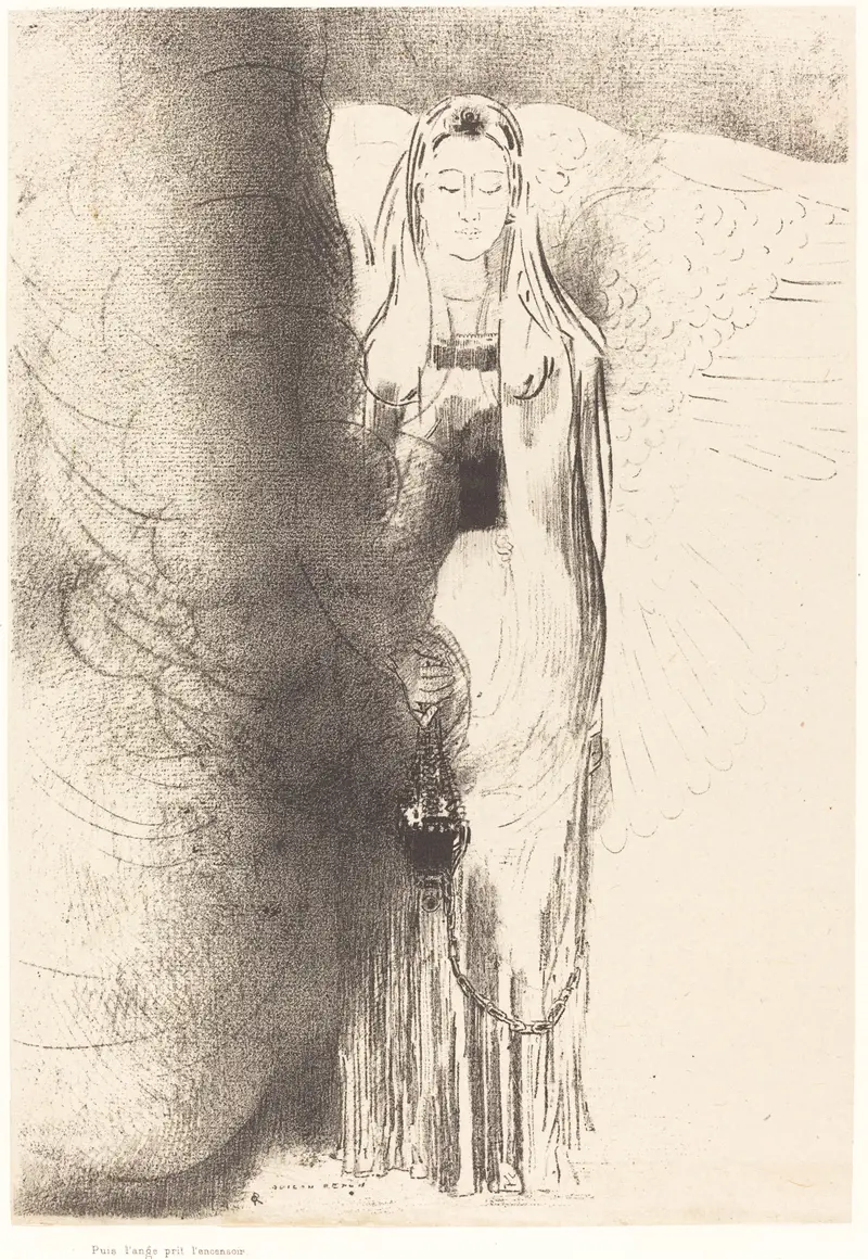 Odilon Redon's painting 'Puis l’ange prit l’encensoir' captures a mystical moment with vibrant colors and symbolic imagery.