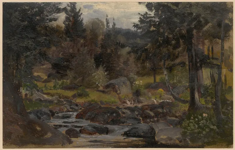 Forest stream in Przesieka, oil on canvas by Adolf Dressler, depicting a serene landscape with a stream and lush greenery.