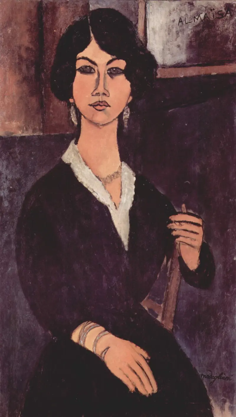 Amedeo Modigliani's painting 'Sitting Almaiisa' features a seated woman with an elongated neck and almond-shaped eyes.