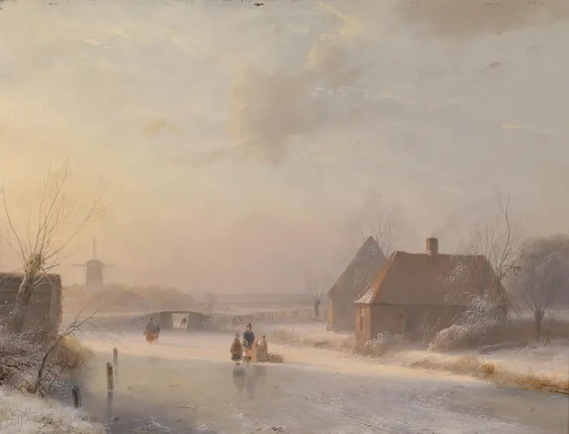 Holländische Winterlandschaft by Andreas Schelfhout, oil on canvas depicting a winter landscape with a river and trees.