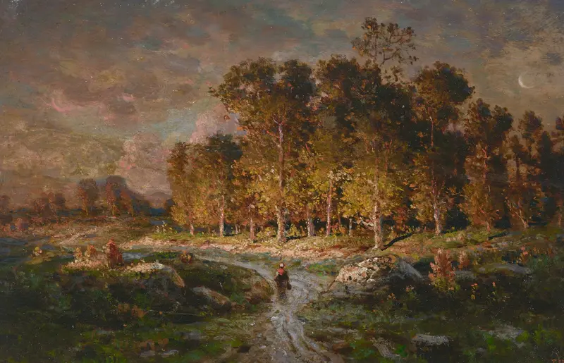 Paysanne en chemin by Théodore Rousseau, oil on canvas depicting a peasant walking along a path.
