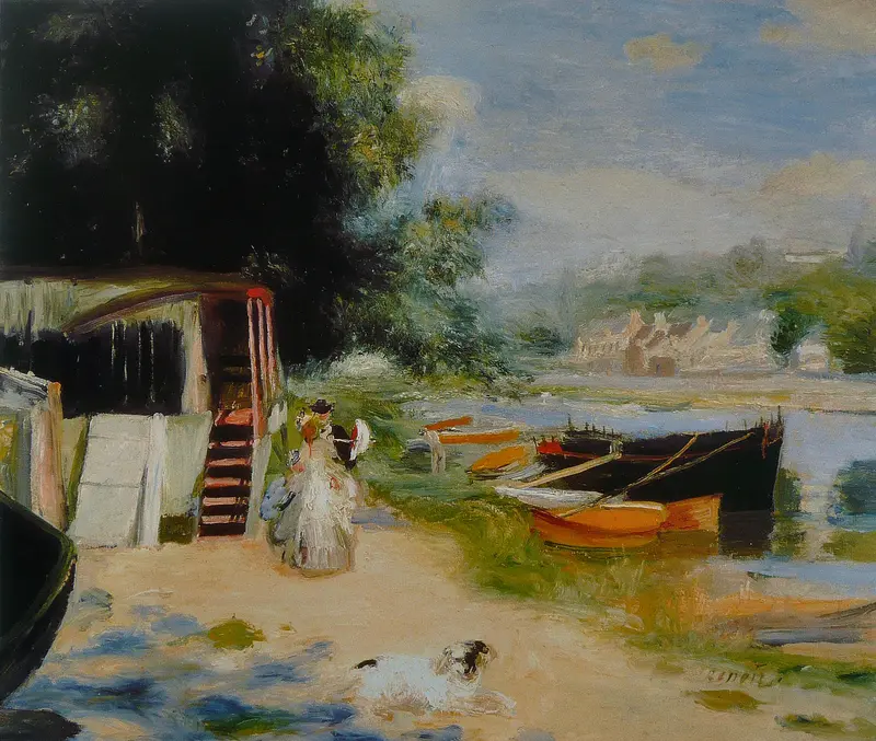 A vibrant summer scene depicting the village of Bougival with red-tiled roofs and the Seine River.