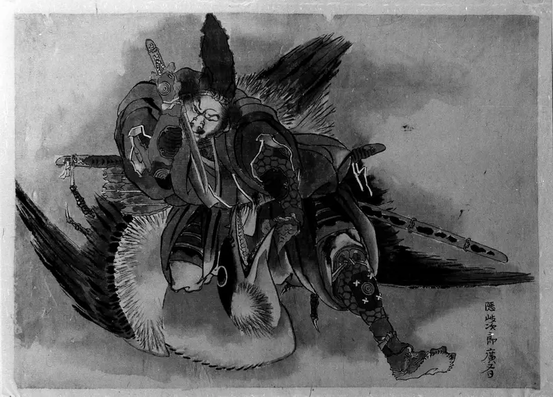 A depiction of Okijiro Hironari, a legendary hero, captured in a moment of intense action.