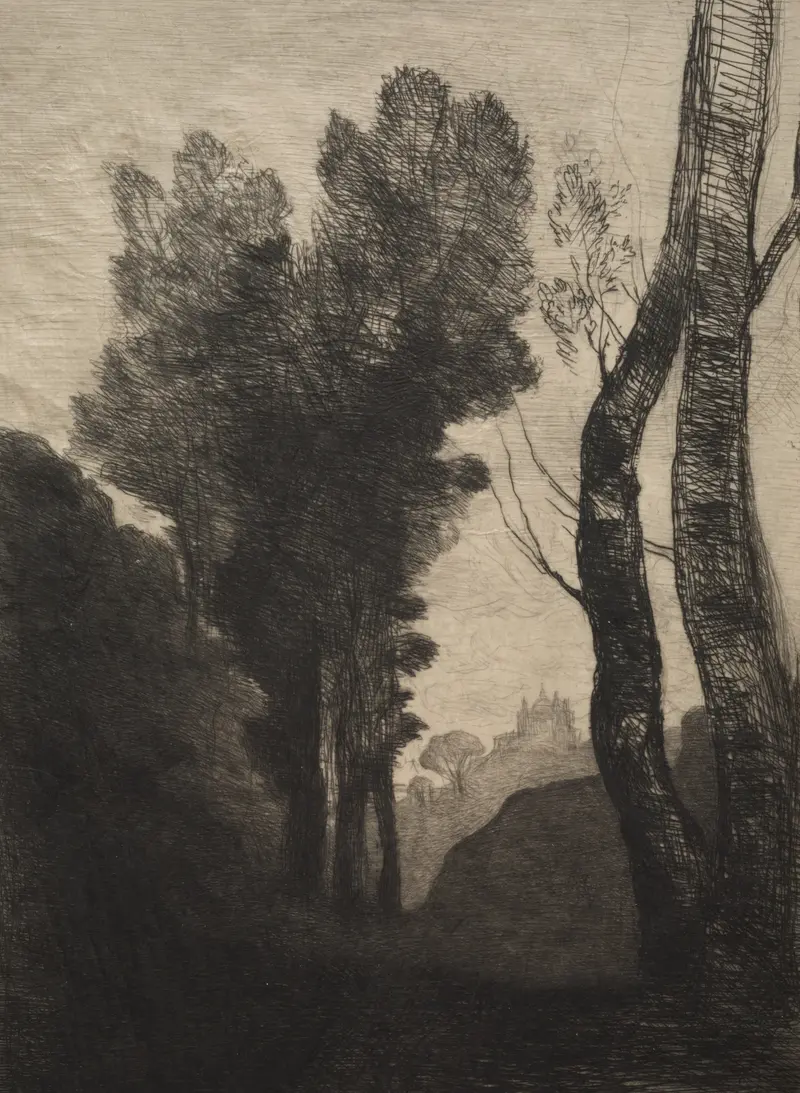 A serene landscape painting by Jean-Baptiste-Camille Corot depicting the Environs of Rome.