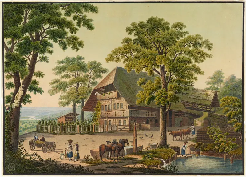 Landscape featuring a farmhouse in evening light by Jakob Samuel Weibel, oil painting