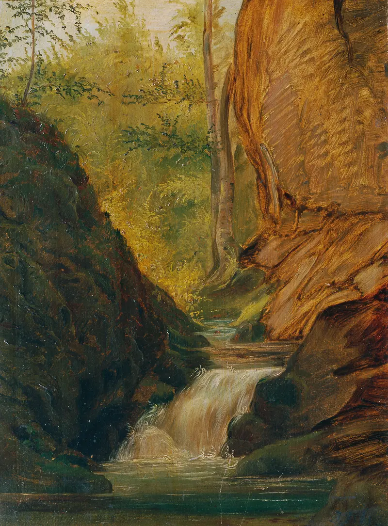 Oil painting by Johann Till the younger depicting a tranquil stream surrounded by trees