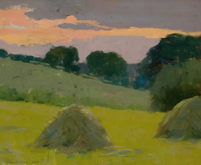 Haystacks by Arthur Wesley Dow, oil painting depicting sunlight on textured haystacks