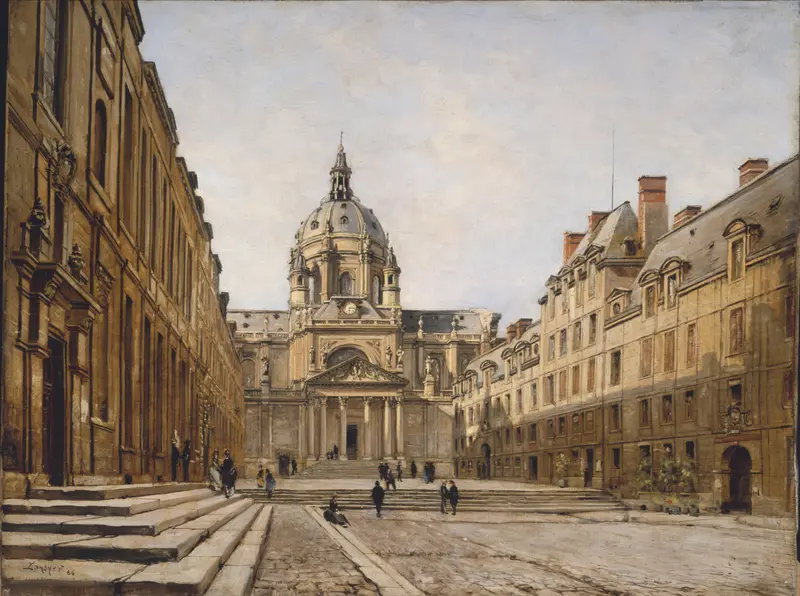 La Cour de l’ancienne Sorbonne by Emmanuel Lansyer, oil on canvas depicting a weathered stone archway.