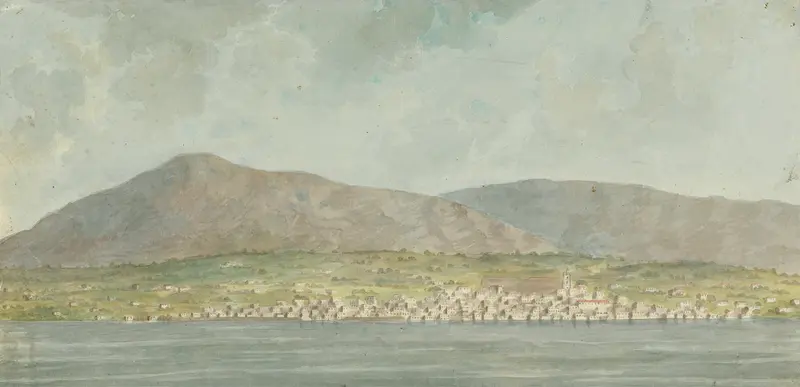 Landscape with sea, town, and hills by Willey Reveley, oil on canvas
