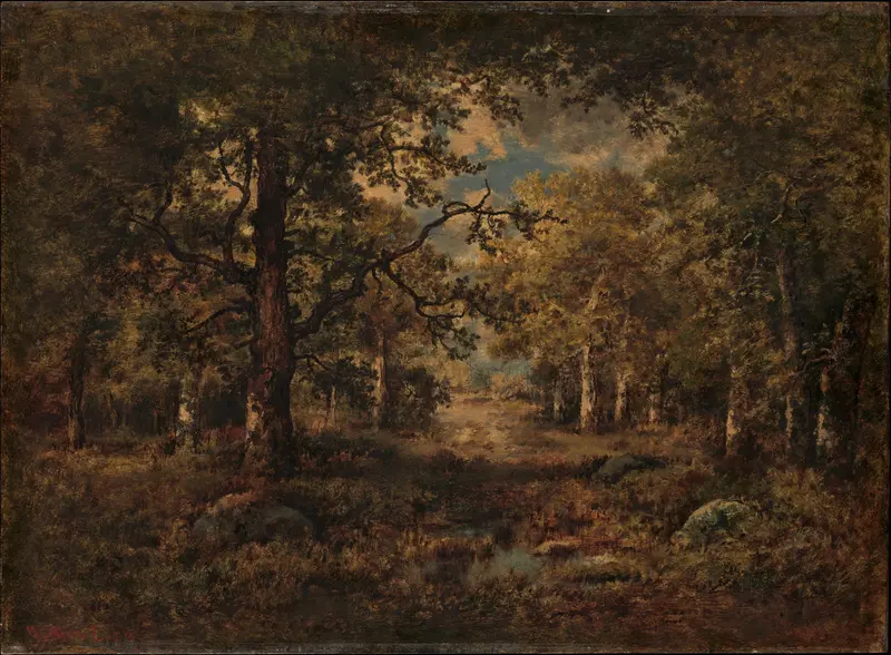 A Vista through Trees, oil painting by Narcisse-Virgile Diaz de La Peña, depicting a serene forest scene.