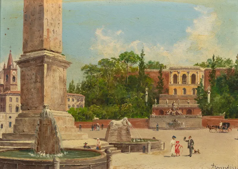 View of Rome with obelisk and Piazza Del Popolo, oil painting by Antonietta Brandeis