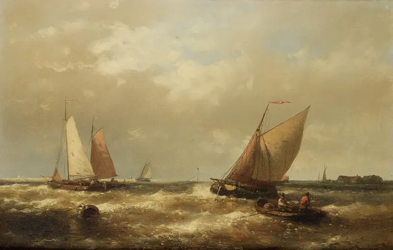 A dynamic seascape showing boats with sails against a lively sea and sky.