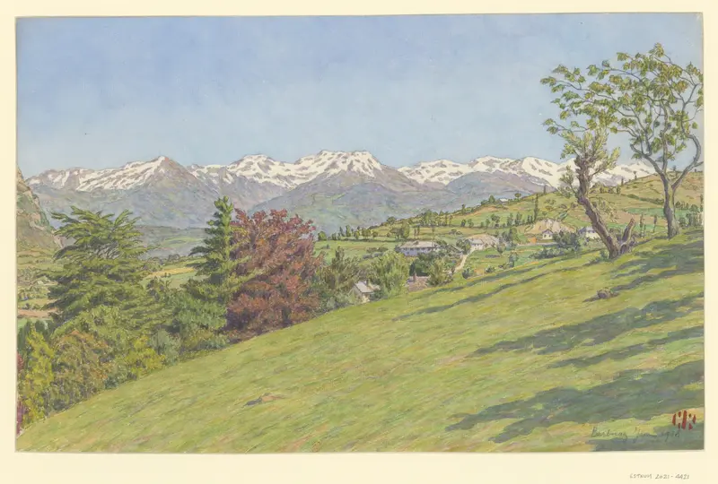 Lithograph by Henri Rivière depicting a landscape with hills in green and gold.