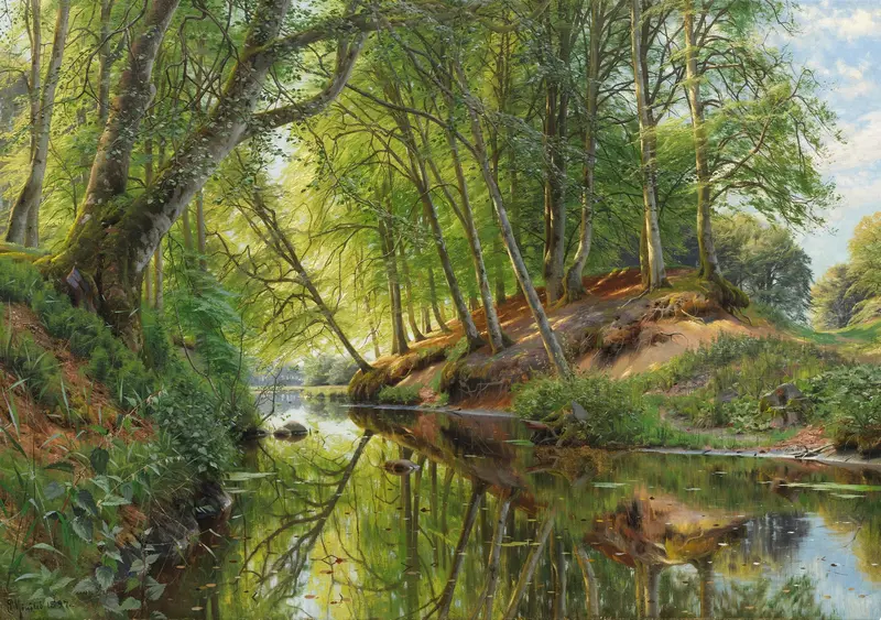 Flußlauf am Waldesrand, oil on canvas by Peder Mørk Mønsted, depicting a river flowing through a forest.