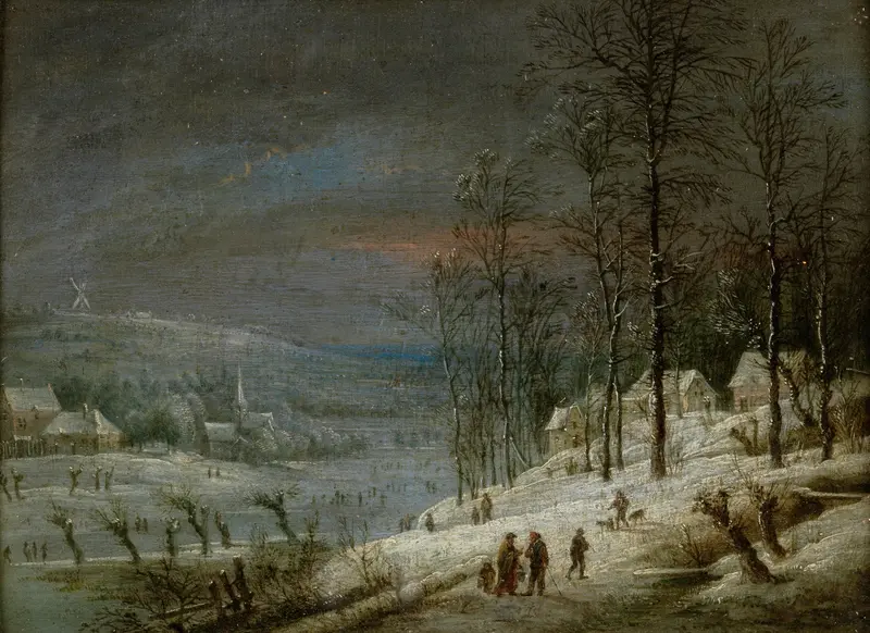 Winterlandschap by Lucas van Uden, oil on panel depicting snow-covered hills