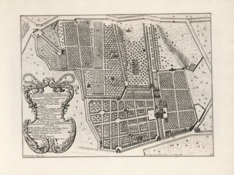 Botanical garden scene by Giovanni Battista Falda, 17th-century etching