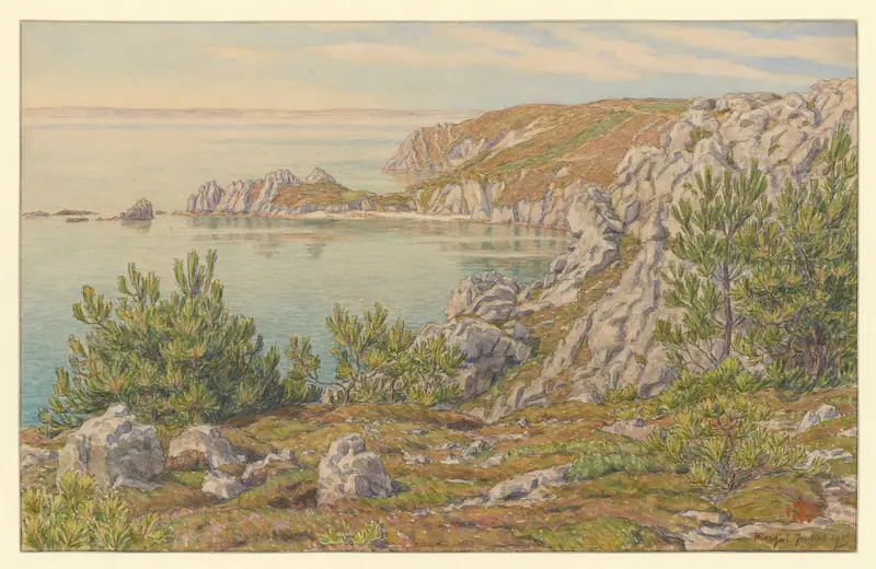 Marine scene by Henri Rivière, oil painting depicting a serene shoreline with gentle waves.