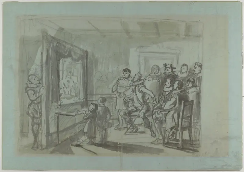 A scene depicting Don Quixote and others at a puppet show.