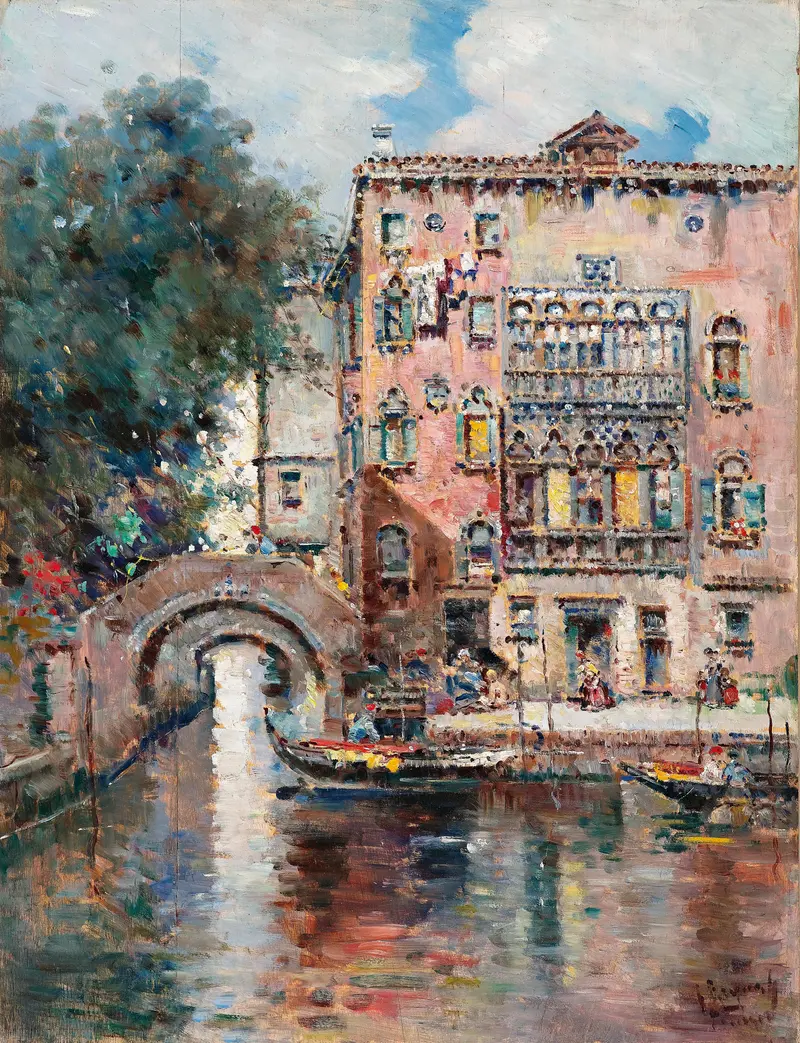 A vibrant Venetian canal scene with gondolas and a stone bridge reflecting in the water.