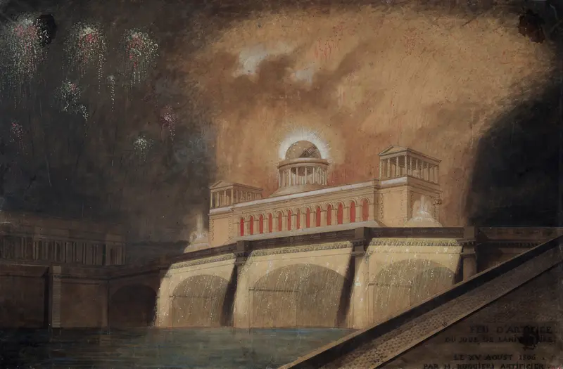 Fireworks display at night, etching by Francesco Piranesi