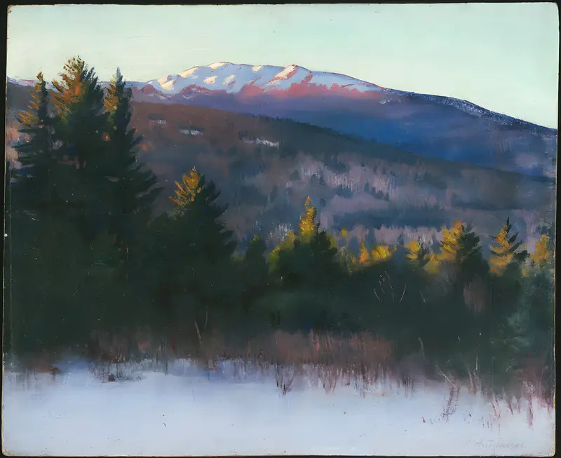 Mount Monadnock by Abbott Handerson Thayer, wood medium, depicting a mountain and surrounding foliage