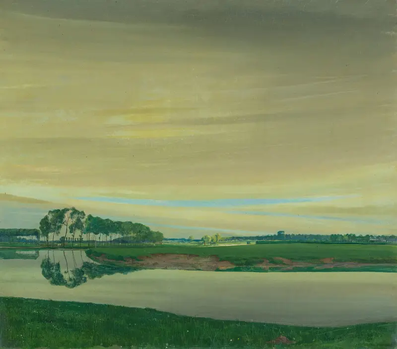 Impressionist oil painting of a river and hills by Valerius De Saedeleer