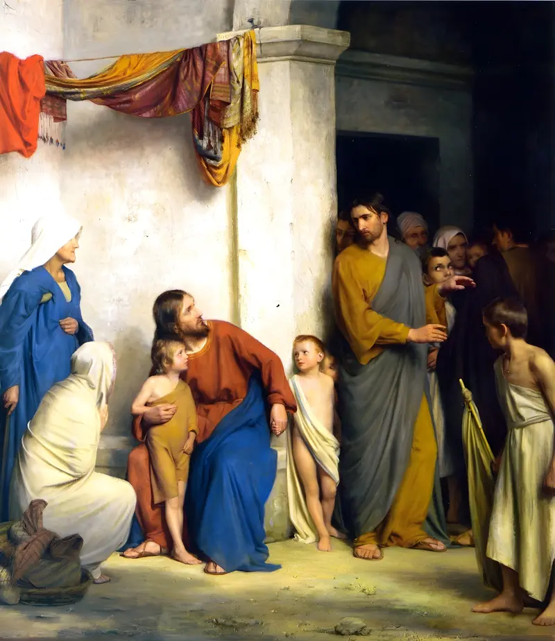 Carl Bloch's painting depicts Christ surrounded by children, showcasing warmth and compassion.