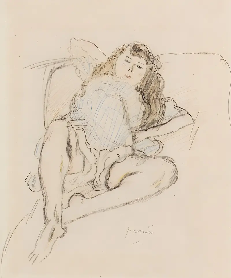 A reclining figure by Jules Pascin, showcasing his unique style.