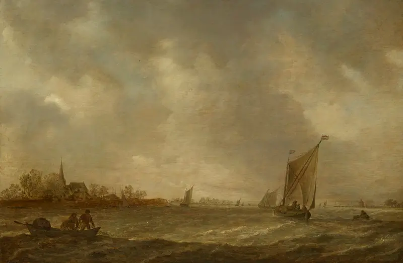 Estuary with fisherman and shipping, oil on canvas by Jan van Goyen