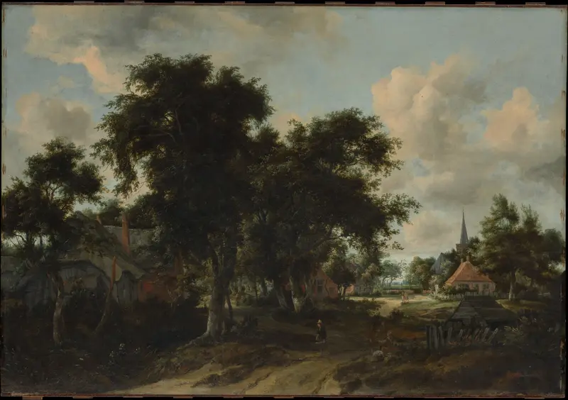 Entrance to a Village by Meindert Hobbema, oil on canvas depicting a village pathway with greenery.