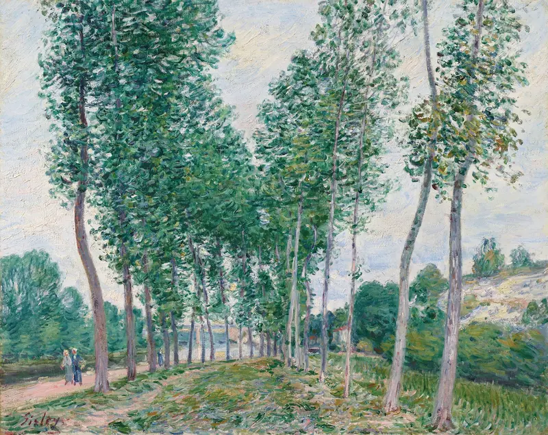 L’allée des peupliers au bord du Loing, oil on canvas by Alfred Sisley, featuring poplar trees and a river path.